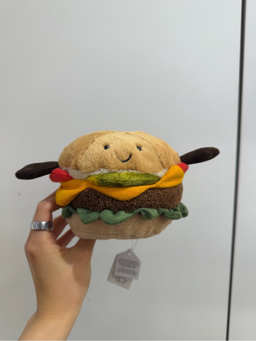 Jellycat Plush Burger Toy in Tan, Brown, Green, Yellow, Red